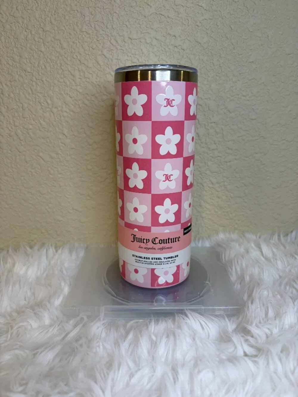 Juicy Couture Pink Daisy Checkerboard 24 oz Stainless Steel Tumbler NWT